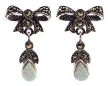 Pair of opal and marcasite silver bow stud ear-rings stamped 925 Condition Report