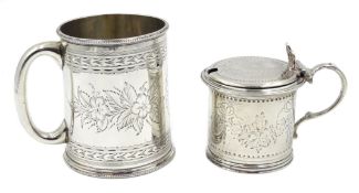 Victorian silver mustard pot bright cut decoration by William Evans, London 1865 and silver mug,