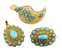Middle Eastern 18ct gold, turquoise set leaf design openwork brooch,