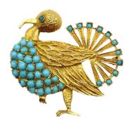 Continental 18ct gold turquoise set brooch in the form of an exotic bird,