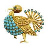 Continental 18ct gold turquoise set brooch in the form of an exotic bird,