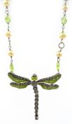 Silver and enamel peridot pearl and marcasite dragonfly necklace stamped 925 Condition