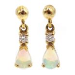 Pair of 9ct gold diamond and opal pendant earrings,