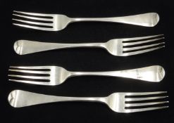 Four George III silver forks Old English and pip pattern by Thomas Wilkes Barker, London 1817,