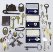 19th century and later padlocks with keys, various novelty keys, AA keys,