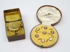Cased mother-of-pearl dress studs retailed by Wheatley & Sons and Victorian leather bound and brass