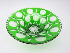 Green flashed cut and faceted glass bowl, star cut base, D30.