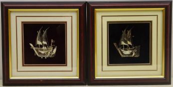 Pair framed silver models of boats stamped 925,