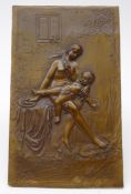Art Nouveau style bronze relief plaque of a mother and child in garden setting, 13.