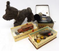 Bing Pigmyphone tinplate clockwork gramophone with two records, mid century straw filled plush Dog,