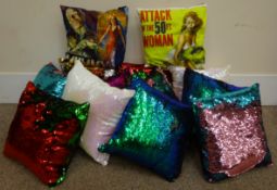 Eleven sequin embellished cushions (one sided,