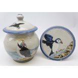 Highland Stoneware Scotland jar and cover decorated with Puffins with matching stand,