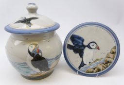 Highland Stoneware Scotland jar and cover decorated with Puffins with matching stand,