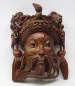 Chinese carved hardwood mask, dragon carved headpiece with bone mounts,