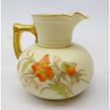 Late Victorian Royal Worcester ivory ground vase painted and gilded with flowers, moulded handle no.