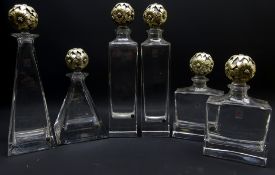 Set of six Italian Collevilca glass square section decanters with silver flower head stoppers by