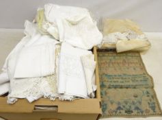 George IV sampler worked with the alphabet dated 1824, unframed, collection of vintage table linen,