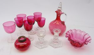 19th/ early 20th century cranberry glass drinking glasses with clear glass stems,