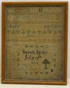 George III sampler by Sarah Splay, July 12th 1804 worked with the alphabet, trees & floral motif,