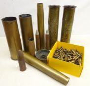 Pair WW1 Trench Art brass artillery shell cases & ashtray, two 30mm Aden Cannon rounds,