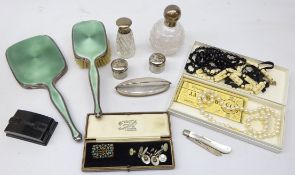 Three cut glass scent bottle with silver tops, silver & enamel dressing table mirror and brush,