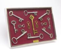 Framed display of thirteen 18th and 19th century graduated steel and brass lock keys including four