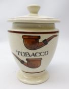 Tobacco jar and lid, crackle glazed named body with two pipes, indistinct mark to base,