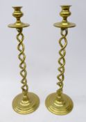 Pair brass open barley twist candlesticks,