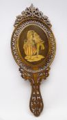 Late 19th century Sorrento ware Olive wood hand mirror, fretwork handle and border,