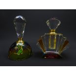 Art Deco style fan shaped clear and amber glass scent bottle on prism glass base,