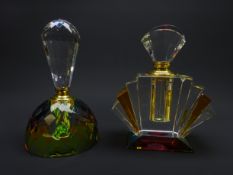 Art Deco style fan shaped clear and amber glass scent bottle on prism glass base,