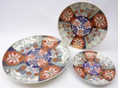 Three graduated Japanese chargers decorated with birds and floral panels,