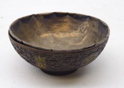 19th century Chinese silver and coconut mounted bowl, the exterior carved with symbols and scrolls,