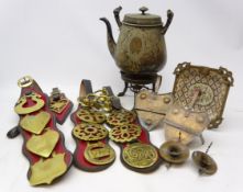 Three sets of horse brasses mounted on leather straps & one single,