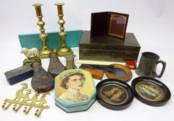 19th/ early 20th century lacquer box with gilt decoration, pair Victorian brass candlesticks,