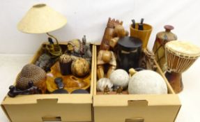 Collection of Eastern hardwood figures, vases, burr bowl, Buddha head, composite stone balls,