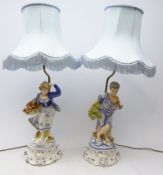 Pair continental figural table lamps with shades,