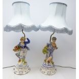 Pair continental figural table lamps with shades,