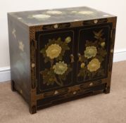Chinese black lacquered two door cabinet, floral pattern with gold coloured detailing, W66cm, H61cm,
