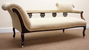 Victorian walnut framed chaise longue, scrolled arms, pierced and shaped splat, scrolled carved arm,