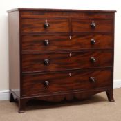 George III figured mahogany chest, two short and three long oak lined drawers,