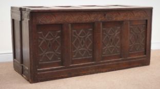 19th century oak blanket chest, four panelled hinged top, carved frieze, W133cm, H64cm,