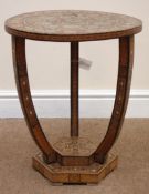 Syrian inlaid occasion table, circular top on curved supports and stepped base, D41cm,