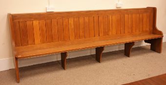 Mid century large oak pew, tongue and grove back, solid end supports,