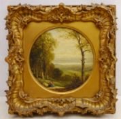 Figures on a Woodland Path, 19th century circular oil on panel unsigned 17cm dia.