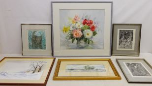 Still Life of Flowers, watercolour, Sheep in a Rural Landscape, watercolour,