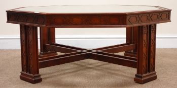 20th century walnut Chinese Chippendale style octagonal coffee table with inset glass top,