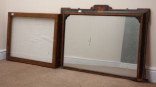 Early 20th century oak notice board, single glazed door (W81cm, H61cm) and a mirror (W103cm,