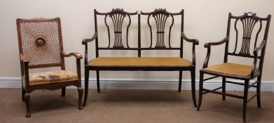 Late Victorian mahogany framed two seat sofa, scrolled cresting rail, upholstered seat,