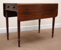 19th century mahogany drop leaf Pembroke table, single drawer, turned supports, W96cm, H75cm,